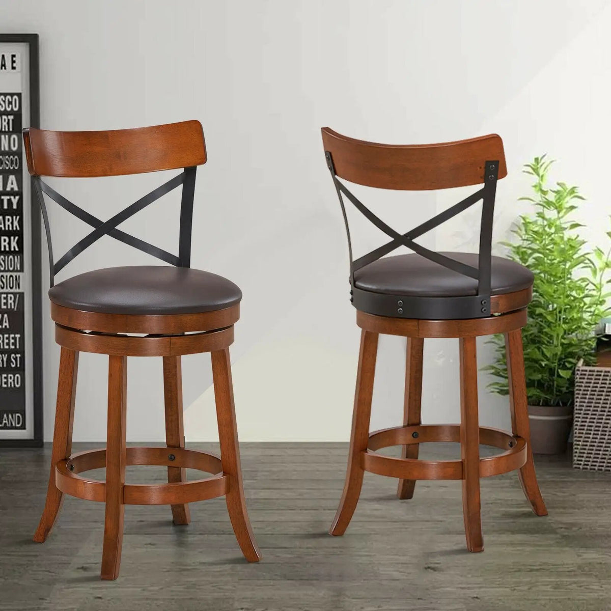 Set of 2 Bar Stools 360-Degree Swivel Dining Bar Chairs with Rubber Wood Legs, photo 2 of 9