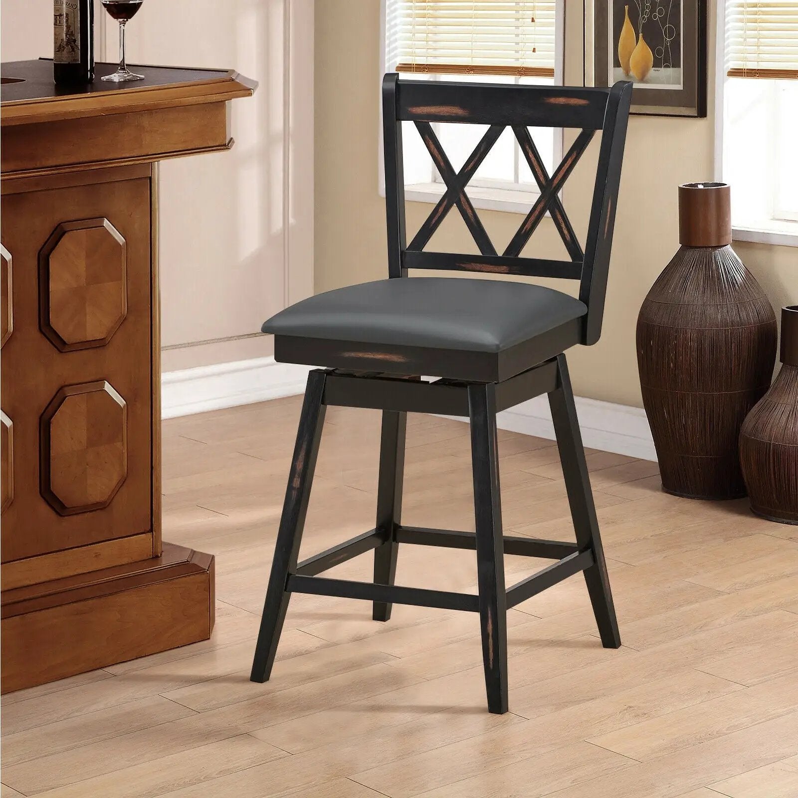 2 Pieces 24 Inch Swivel Counter Height Barstool Set with Rubber Wood Legs by DirectDeals