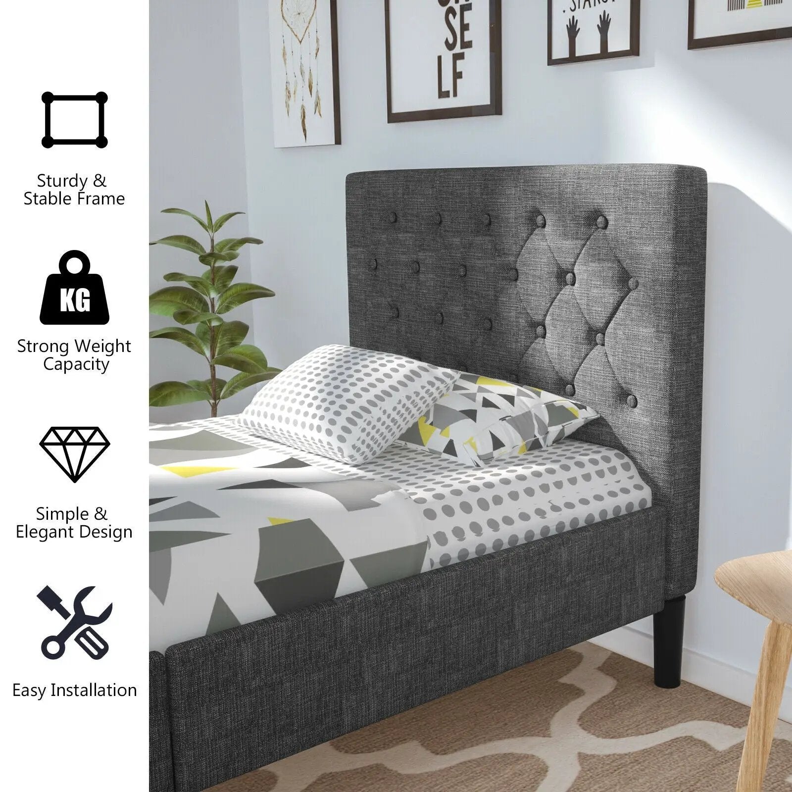 Upholstered Bed Base with Button Stitched Headboard by DirectDeals