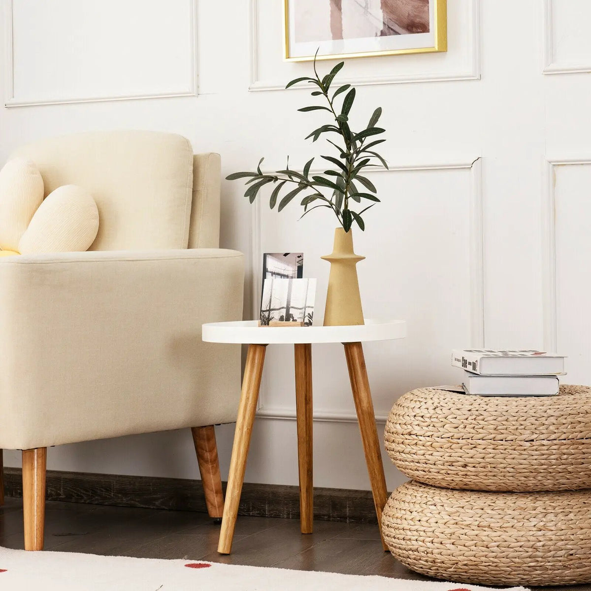 Mid Century Modern Round Side Sofa Coffee Table with Wooden Tray, photo 8 of 10