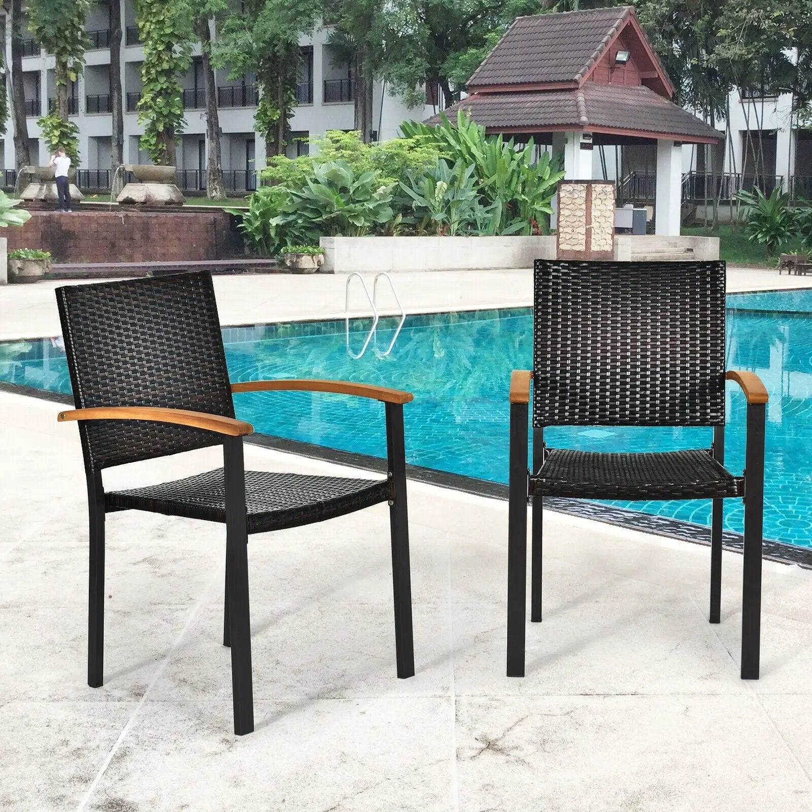 Set of 4 Outdoor Patio PE Rattan Dining Chairs with Powder-coated Steel Frame by DirectDeals