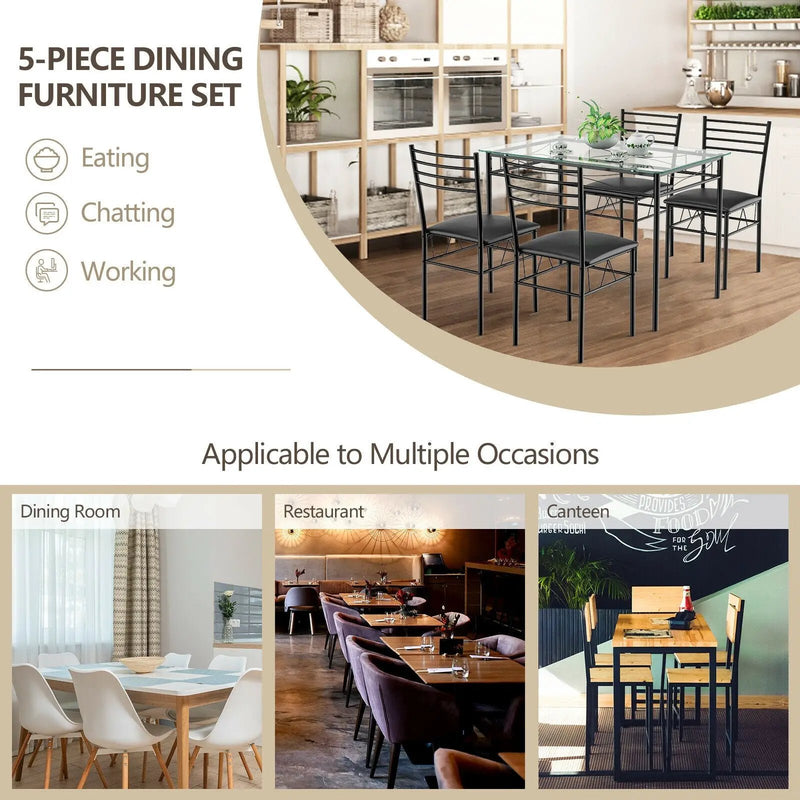 5 Pieces Dining Set with Tempered Glass Top Table and 4 Upholstered Chairs by DirectDeals