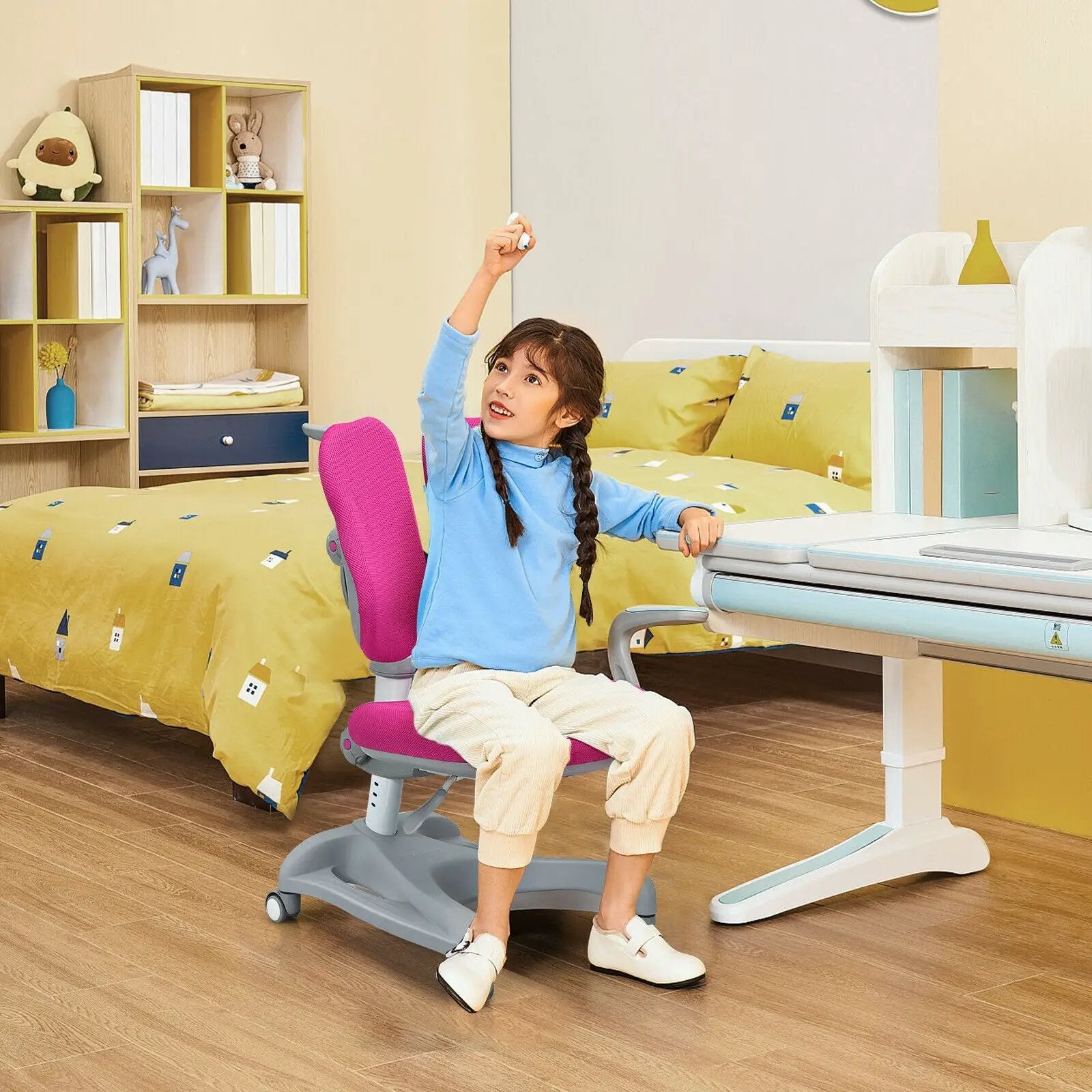 Adjustable Height Student Chair with Sit-Brake Casters and Lumbar Support for Home and School by DirectDeals