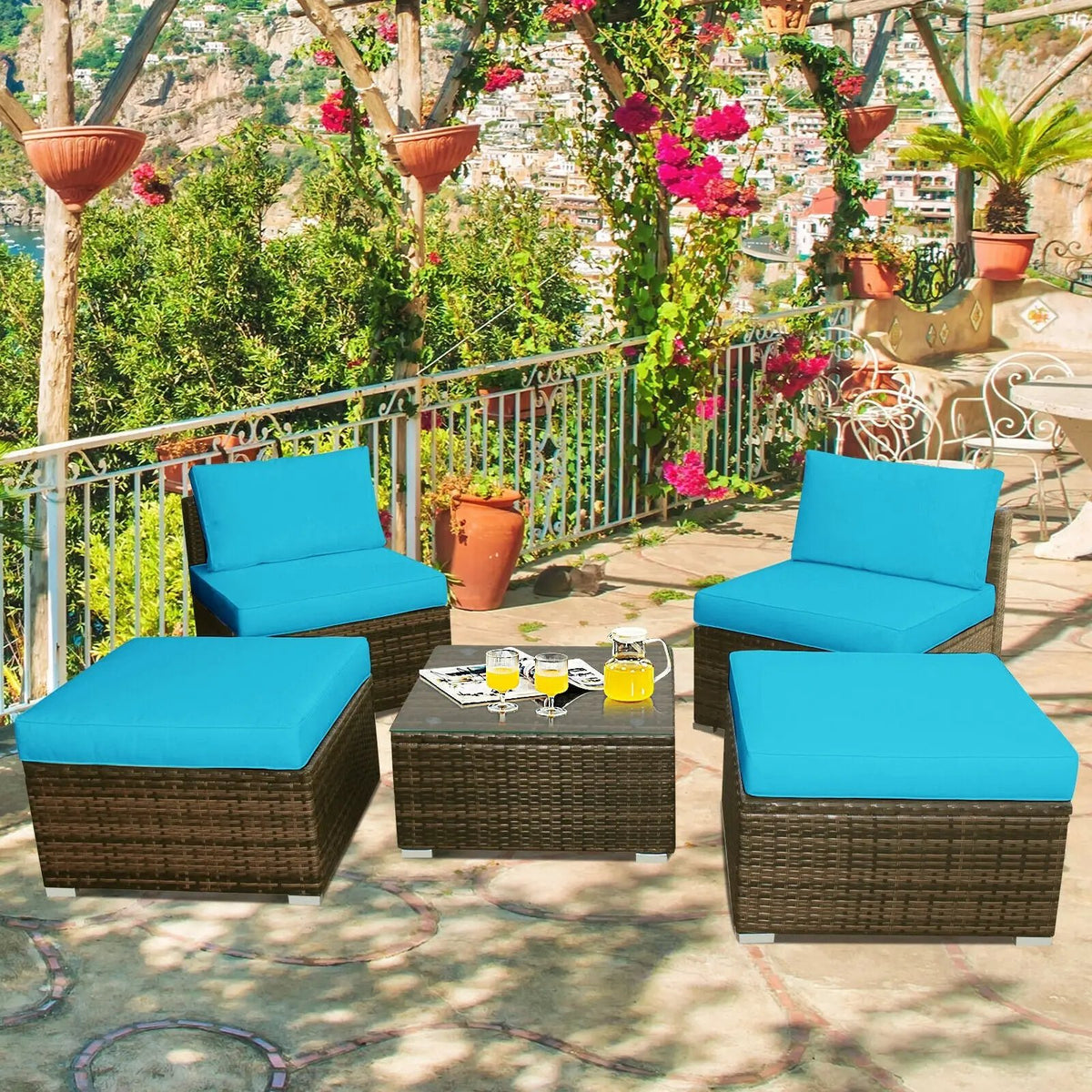 5 Pieces Patio Rattan Furniture Set with Cushioned Armless Sofa, photo 4 of 24
