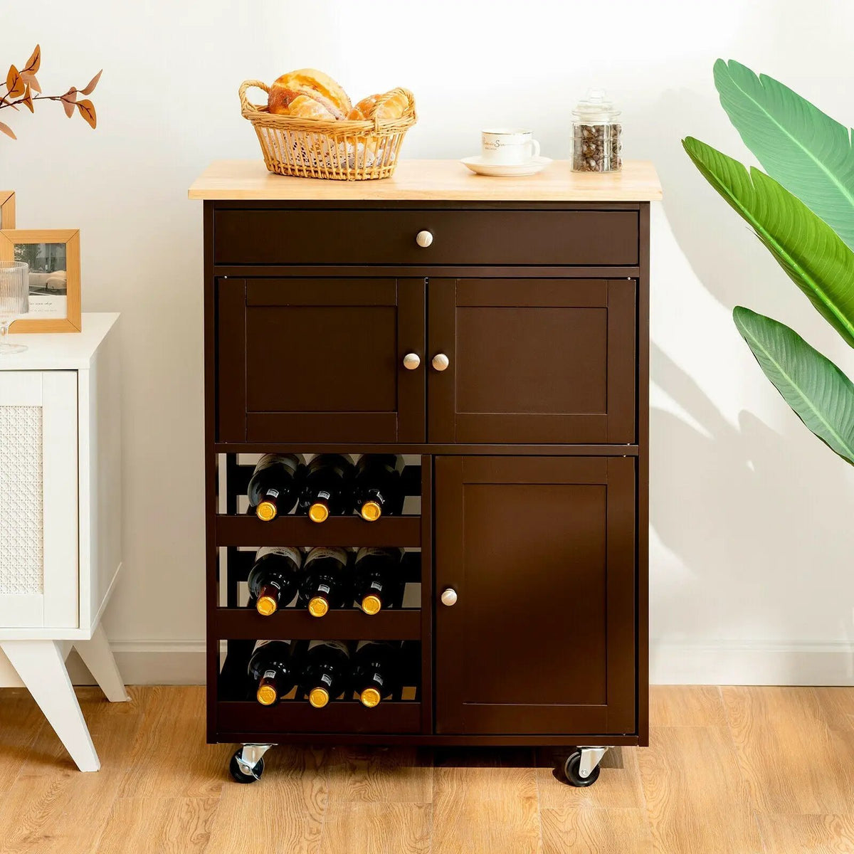Kitchen Cart with Rubber Wood Top 3 Tier Wine Racks 2 Cabinets, photo 13 of 16