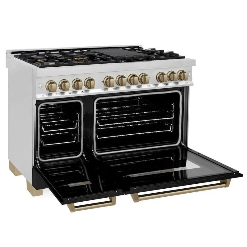 ZLINE 48" Autograph Dual Fuel Range, Black, Bronze, RAZ-BLM-48-CB by Farmhouse Kitchen and Bath