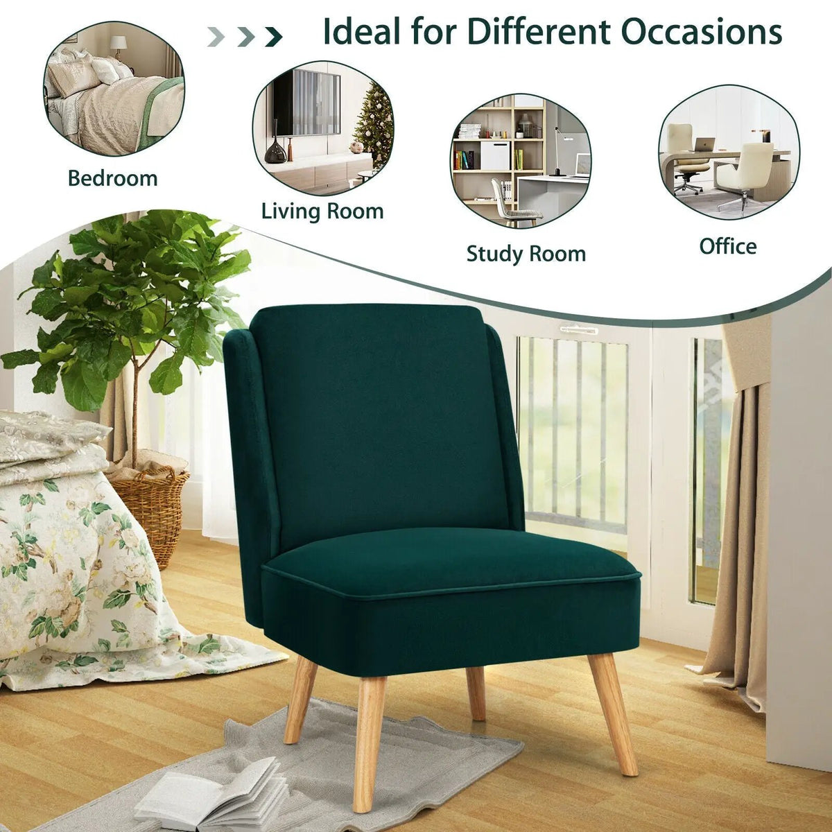 Velvet Accent Armless Side Chair with Rubber Wood Legs for Bedroom, photo 15 of 24