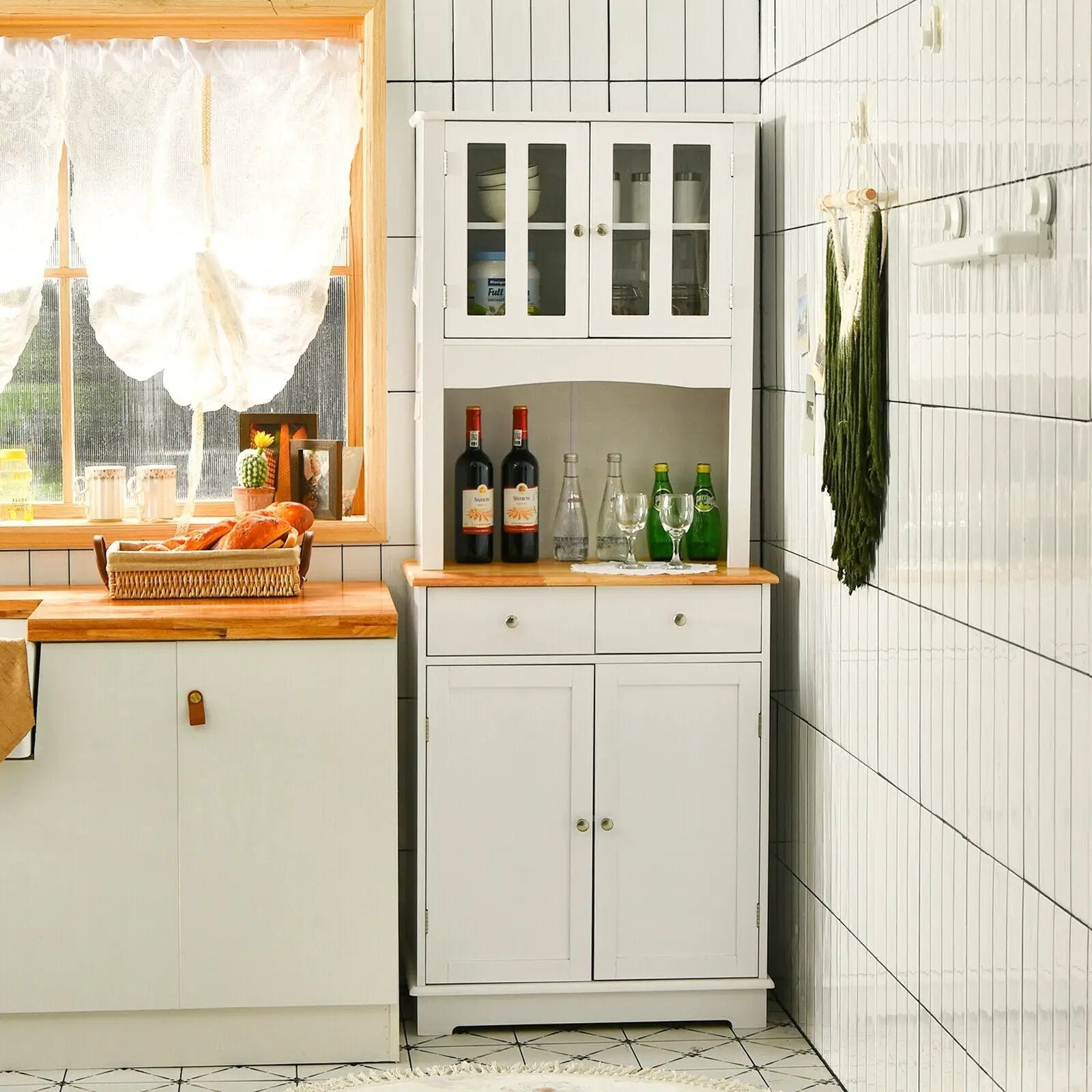 Kitchen Pantry Cabinet with Wood Top and Hutch-White by DirectDeals