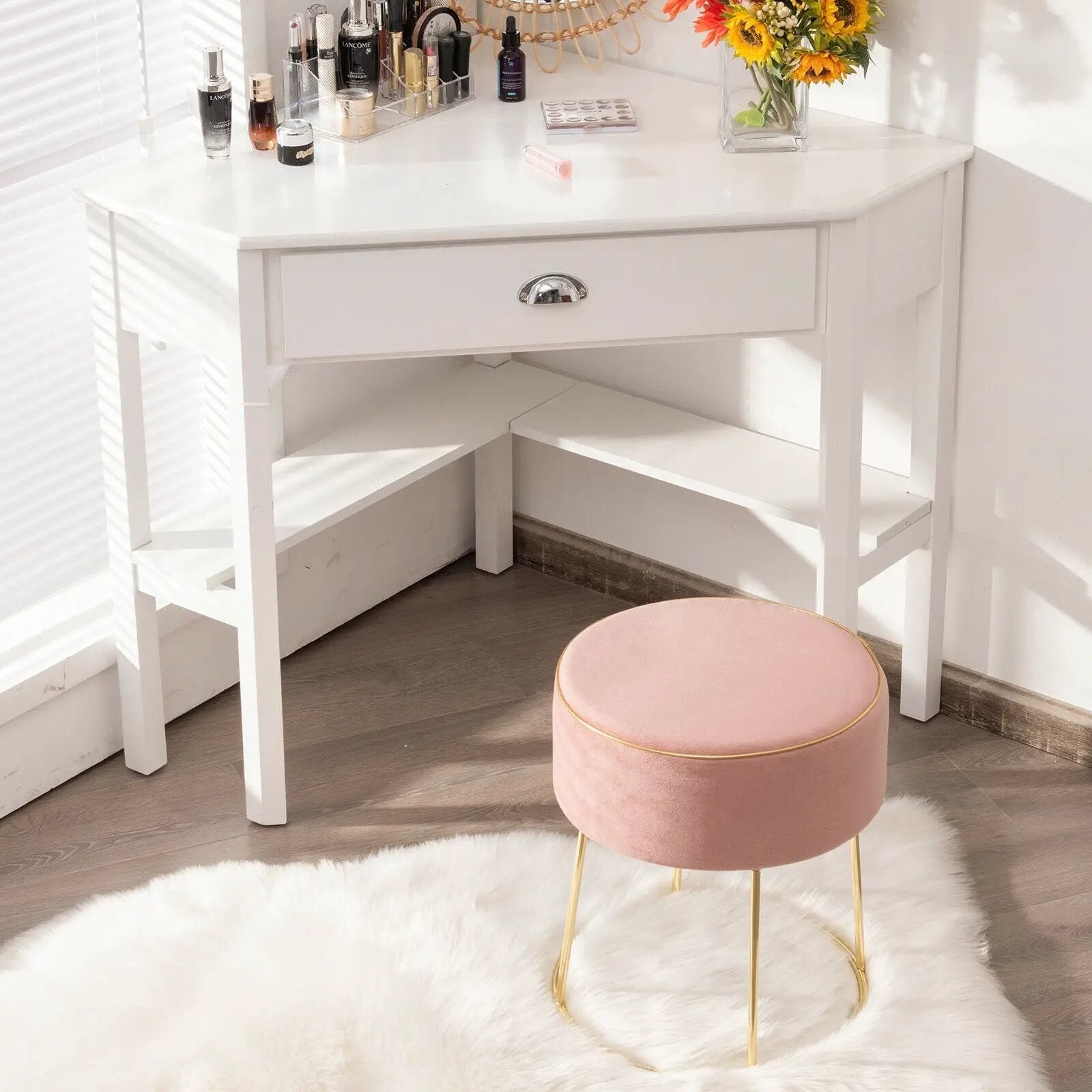 Round Velvet Footrest Stool Ottoman with Non-Slip Foot Pads for Bedside by DirectDeals