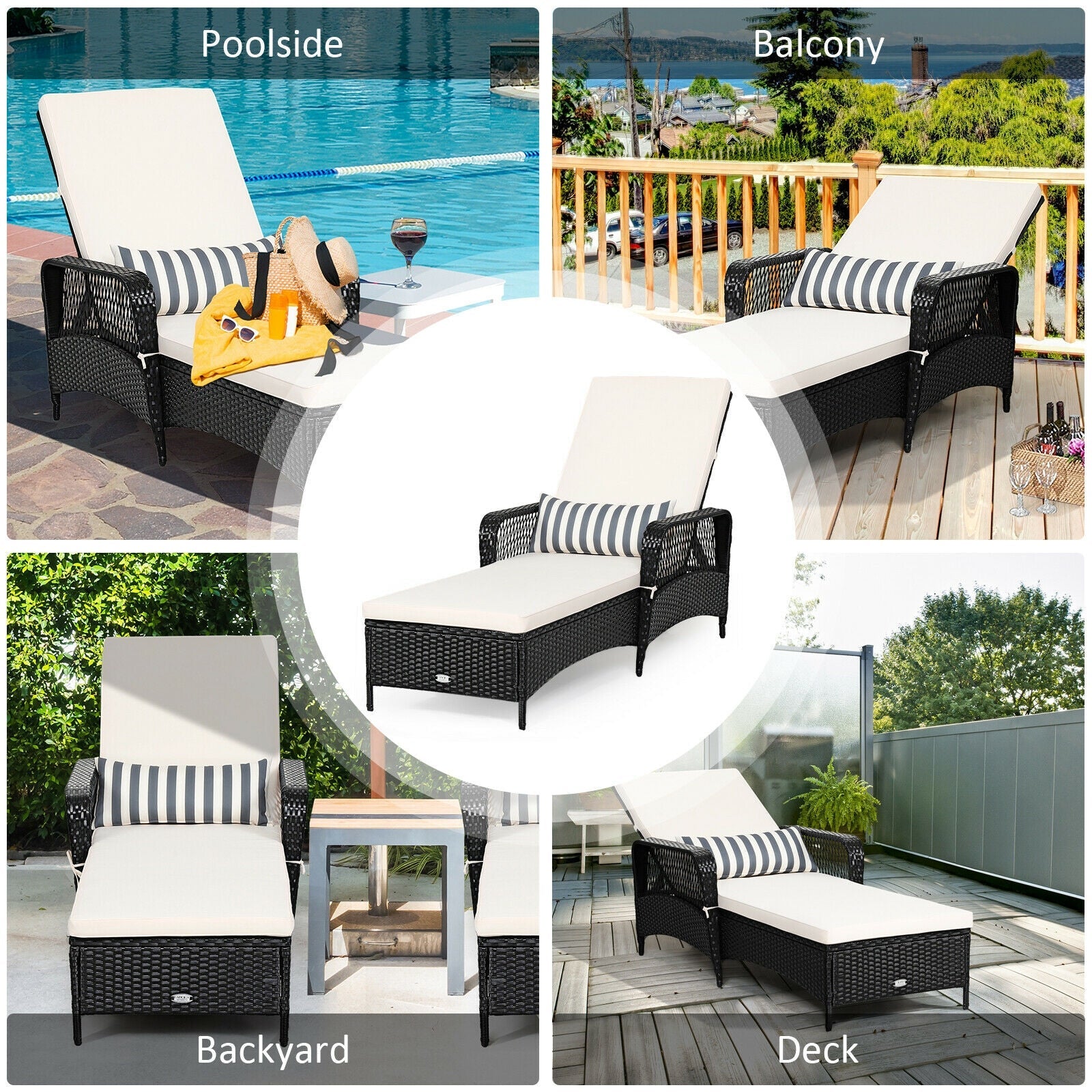 Patio Wicker Chaise Lounge Chair with Pillow and Adjustable Backrest with Cushion-Black by DirectDeals
