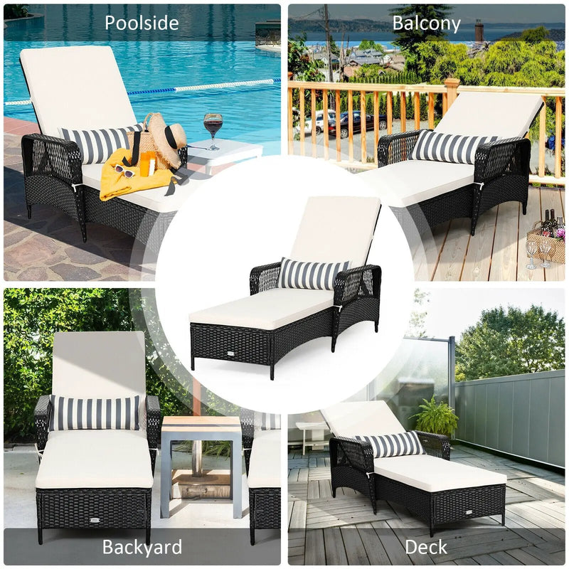 Patio Wicker Chaise Lounge Chair with Pillow and Adjustable Backrest with Cushion-Black by DirectDeals