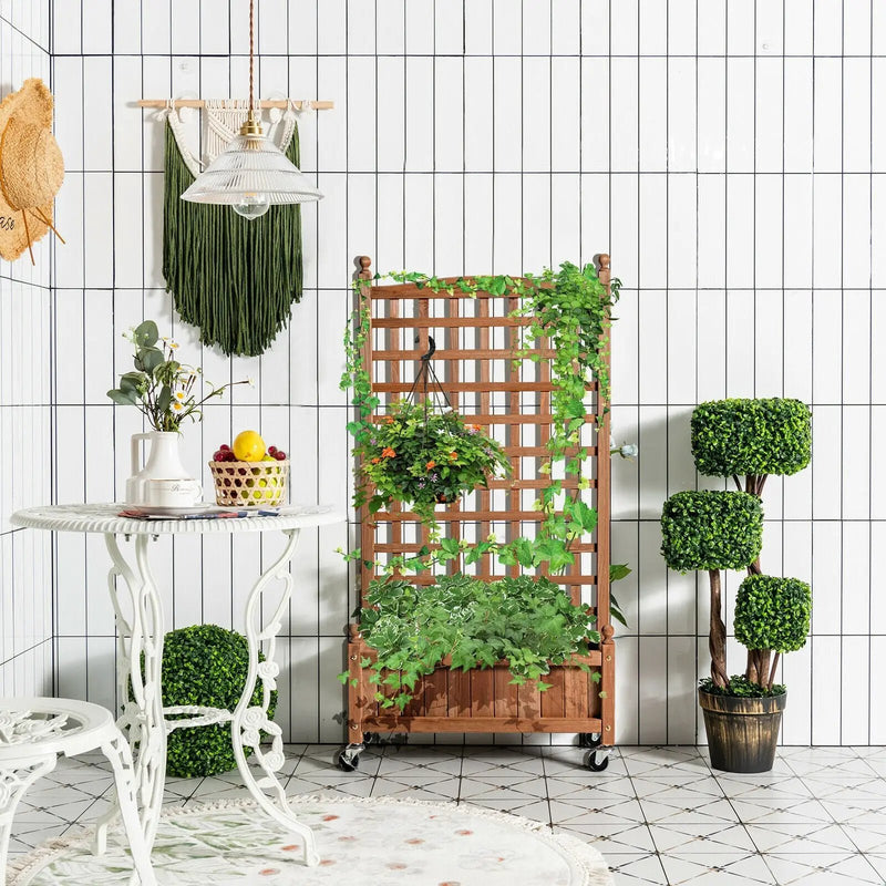 50 Inch Wood Planter Box with Trellis Mobile Raised Bed for Climbing Plant by DirectDeals