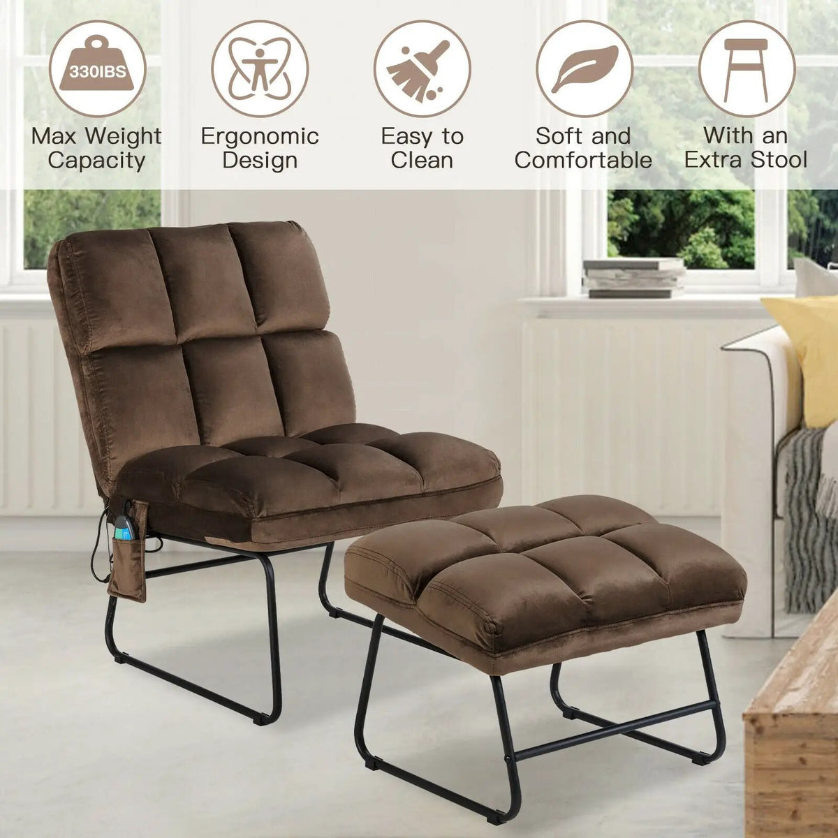 Velvet Massage Recliners with Ottoman Remote Control and Side Pocket, photo 2 of 9