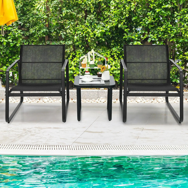 3 Pieces Patio Bistro Furniture Set with Glass Top Table Garden Deck-Black by DirectDeals