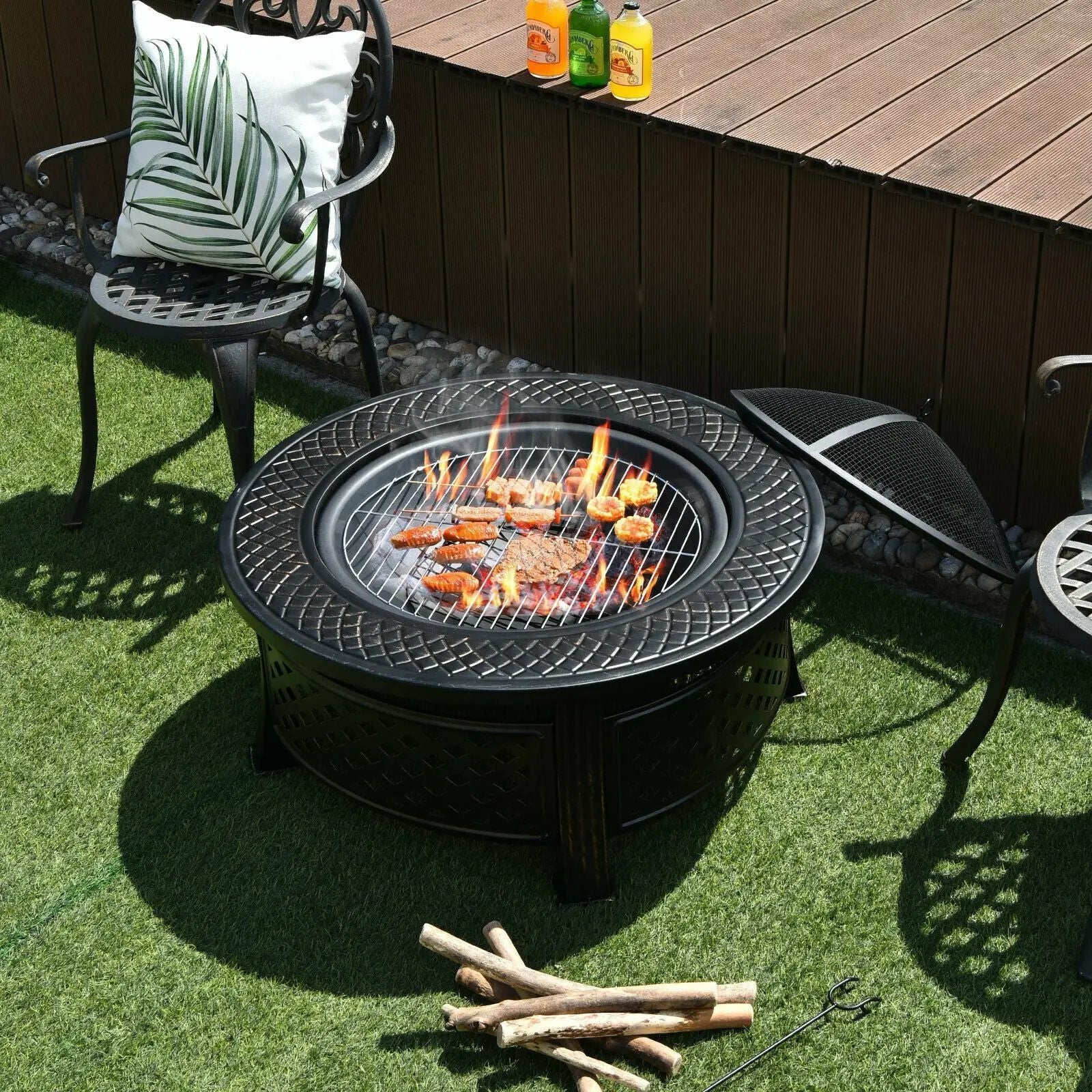 Outdoor Fire Pit with BBQ Grill and High-temp Resistance Finish by DirectDeals