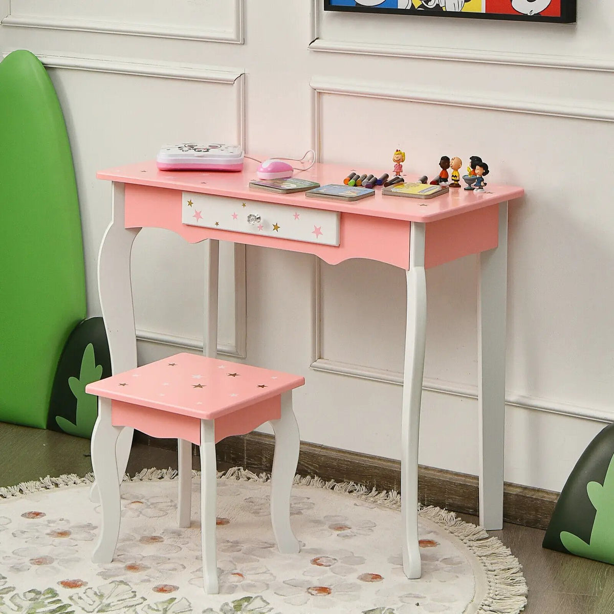 Kids Princess Vanity Table and Stool Set with Tri-folding Mirror and Drawer, photo 7 of 9