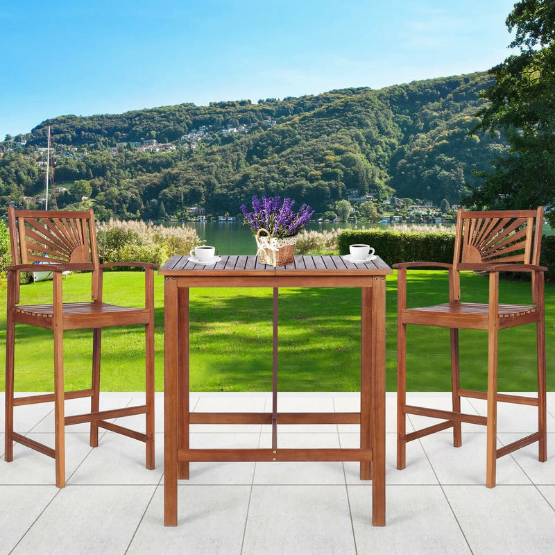3 Pieces Acacia Wood Patio Bar Set with Sunflower Patterned Backrest by DirectDeals