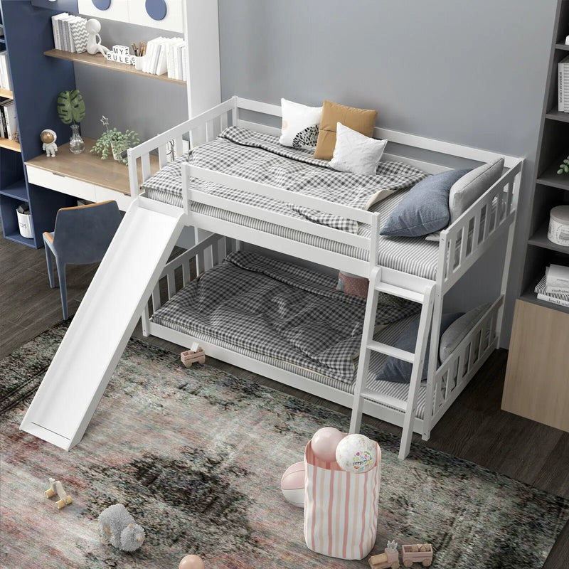 Twin over Twin Bunk Wooden Low Bed with Slide Ladder for Kids by DirectDeals