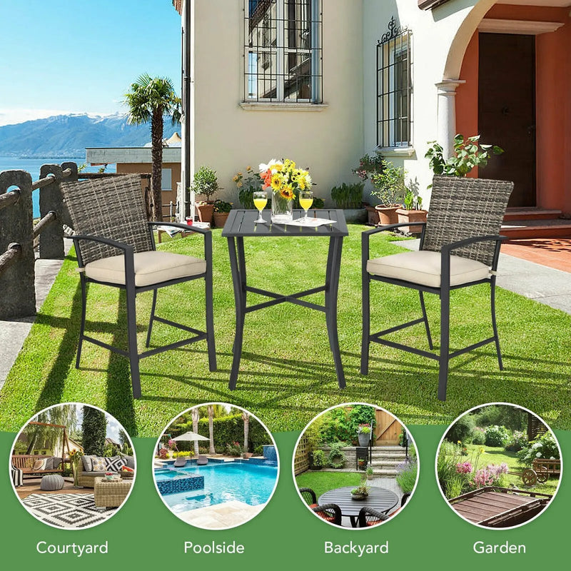 3 Pieces Rattan Bar Furniture Set with Slat Table and 2 Cushioned Stools by DirectDeals