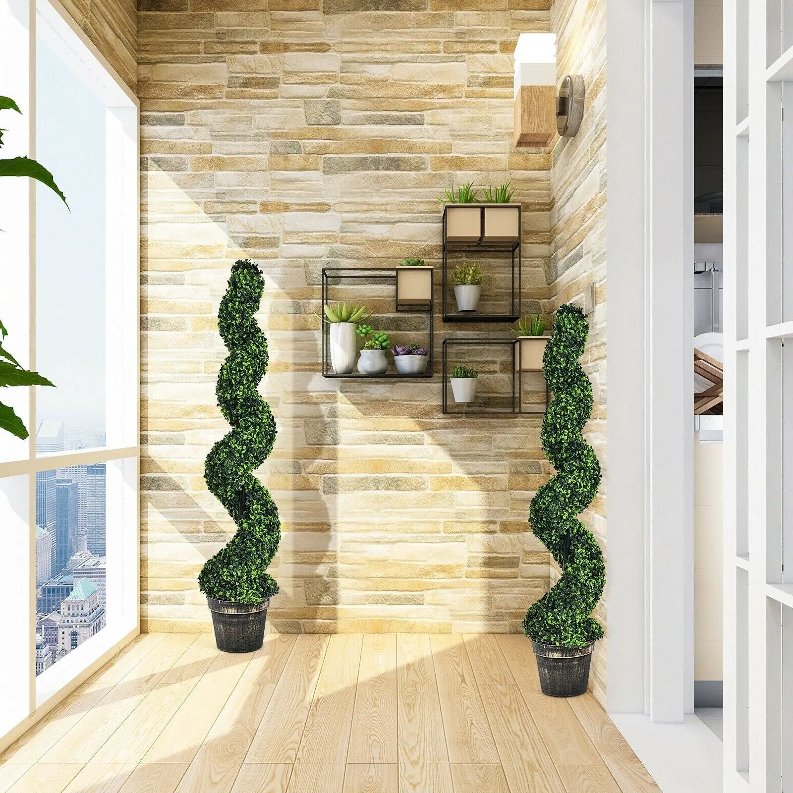2 Pack 4 Feet Artificial Spiral Boxwood Topiary Indoor Outdoor Decor by DirectDeals