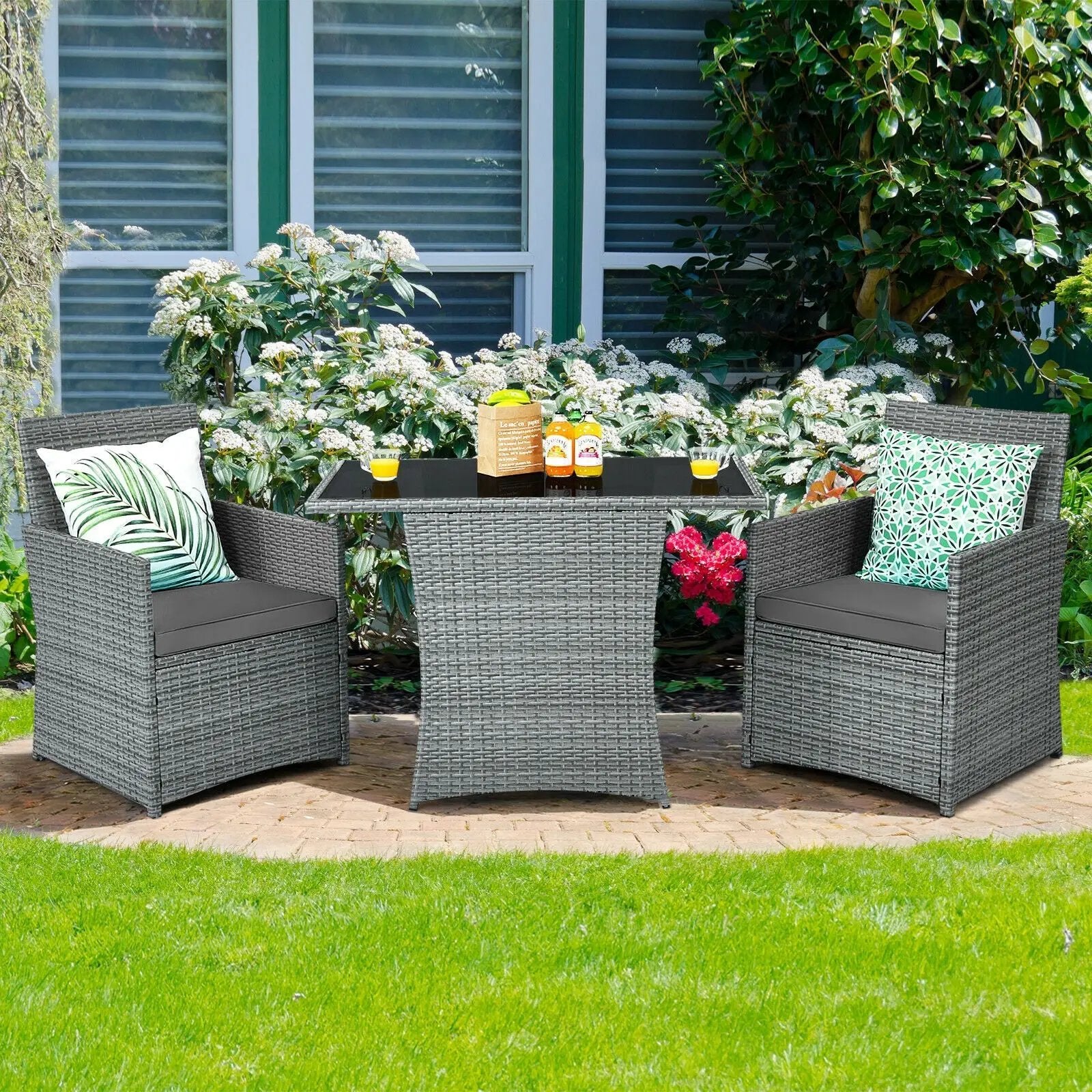 3 Pieces Patio Rattan Furniture Set with Cushioned Armrest Sofa by DirectDeals