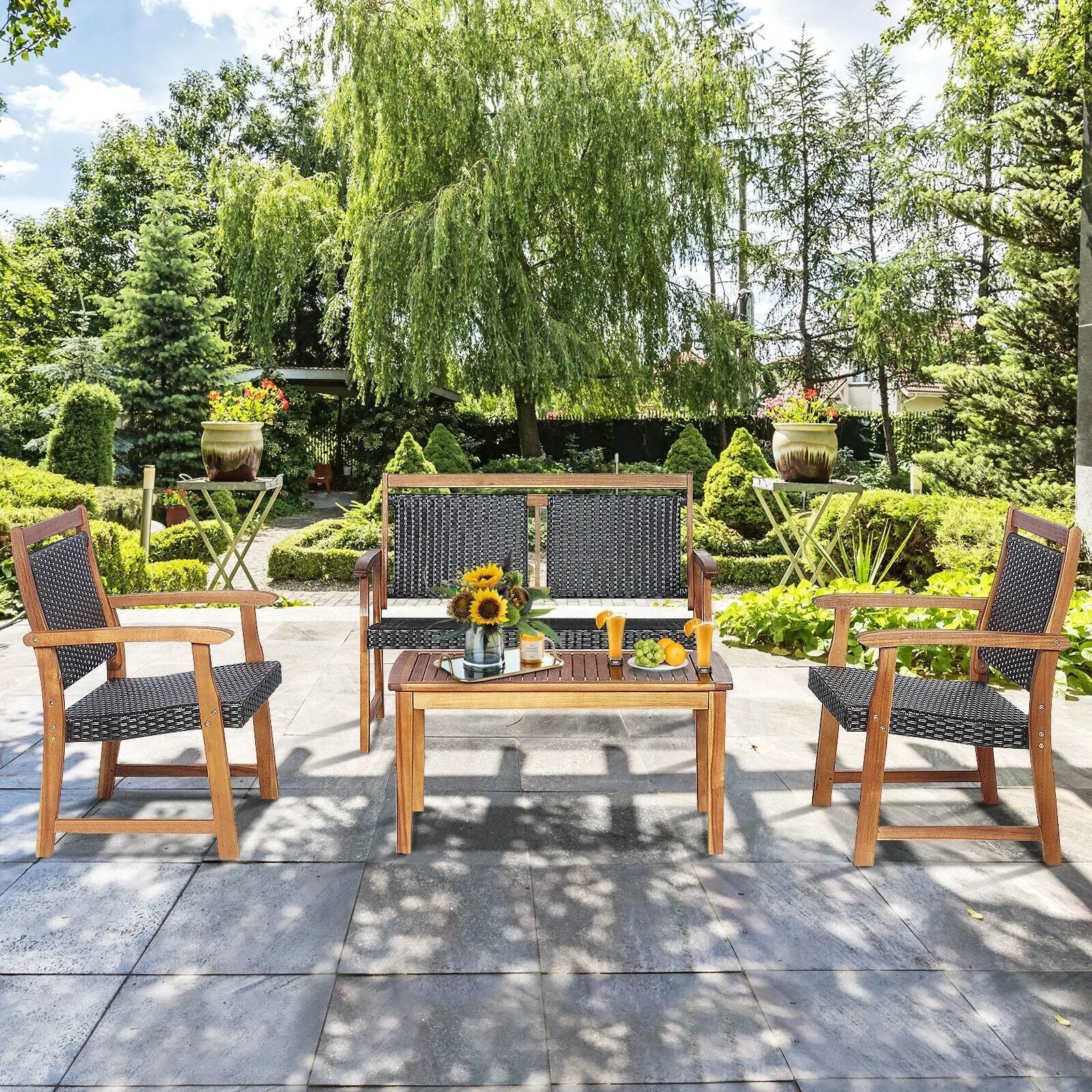 4 Pieces Outdoor Patio Rattan Furniture Sofa Set with Acacia Wood Frame by DirectDeals