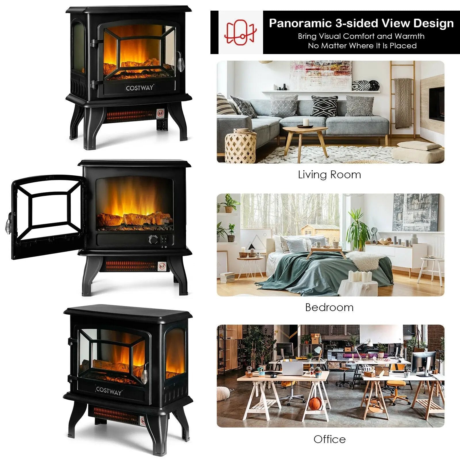 Freestanding Fireplace Heater with Realistic Dancing Flame Effect-Black by DirectDeals