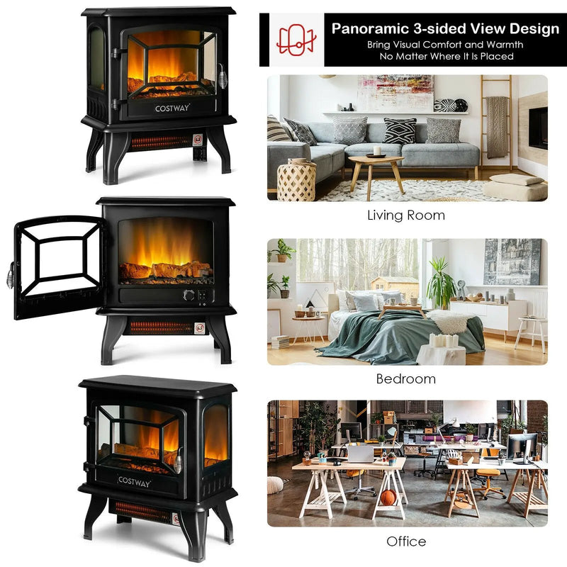 Freestanding Fireplace Heater with Realistic Dancing Flame Effect-Black by DirectDeals