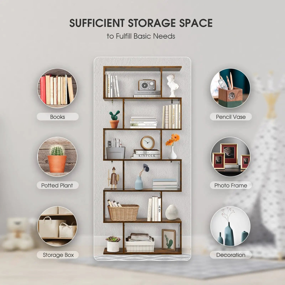 6 Tier S-Shaped Bookshelf Storage Display Bookcase Decor Z-Shelf, photo 6 of 10