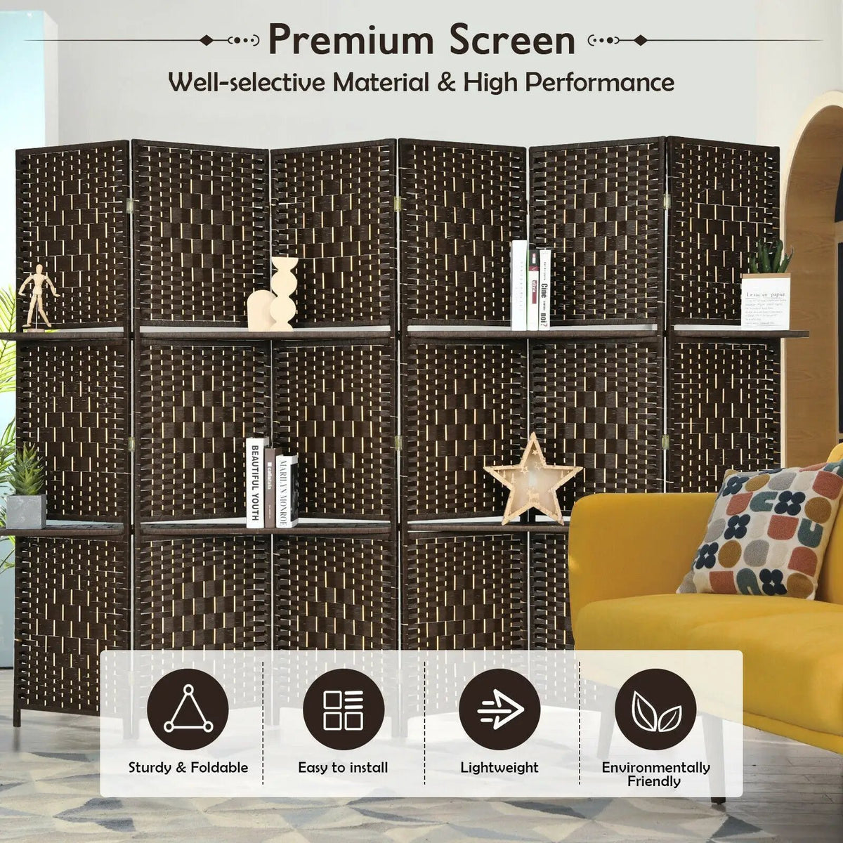6 Panel Folding Weave Fiber Room Divider with 2 Display Shelves, photo 7 of 9