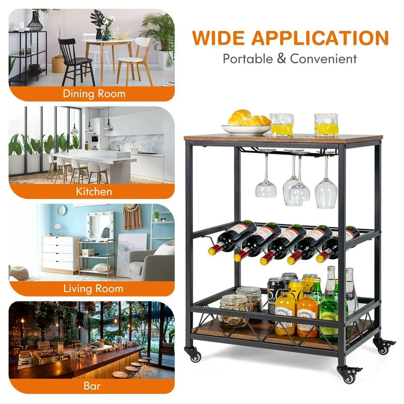 Kitchen Bar Cart Serving Trolley on Wheels with Wine Rack Glass Holder-Rustic Brown by DirectDeals