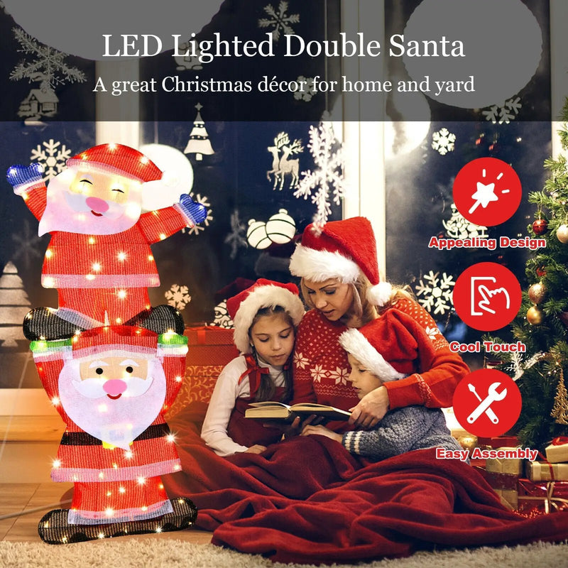 LED Double Santa Yard Christmas Decoration with String Lights and Stakes by DirectDeals