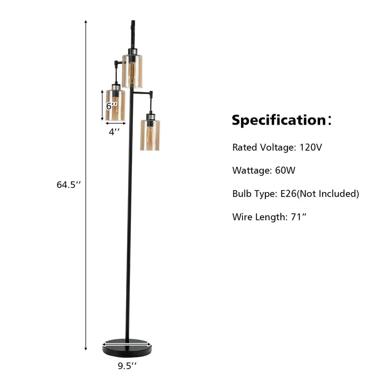 Retro Floor Lamp with 3-Head Hanging Amber Glass Shade by DirectDeals