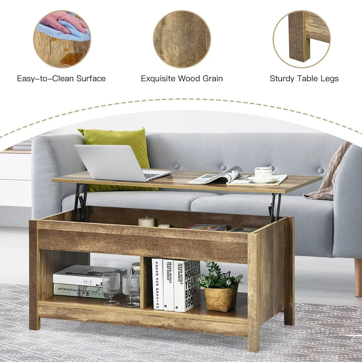 Lift Top Coffee Table with Hidden Storage Compartment and Lower Shelf for Study Room, photo 6 of 24