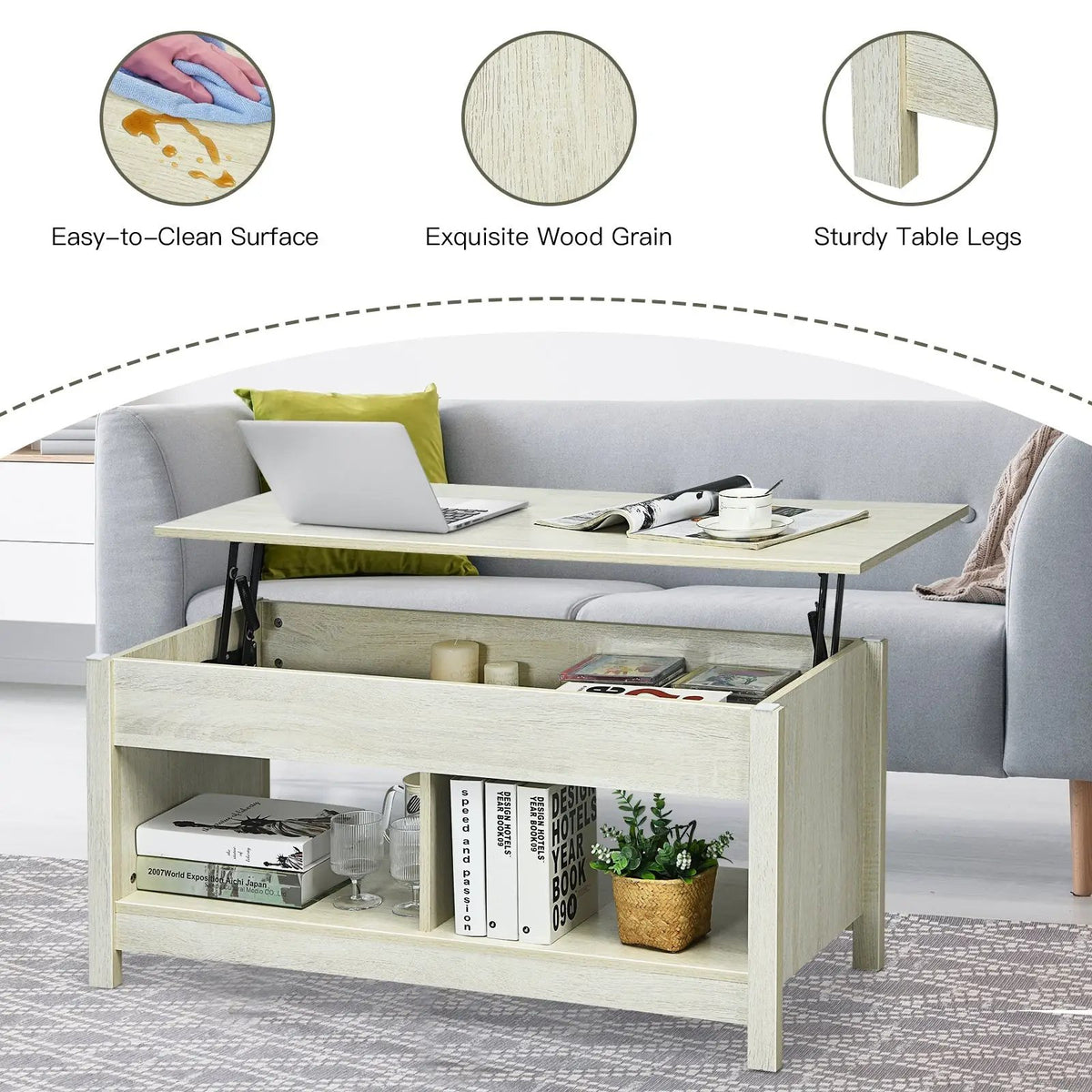 Lift Top Coffee Table with Hidden Storage Compartment and Lower Shelf for Study Room, photo 5 of 24