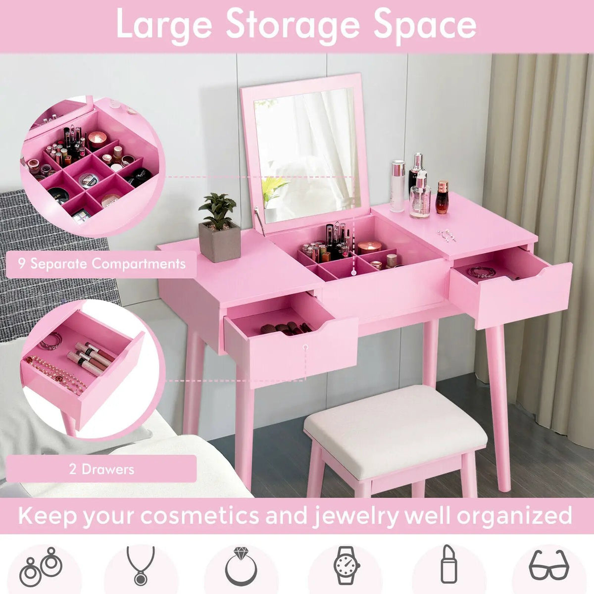 Makeup Vanity Table Set with Flip Top Mirror and 2 Drawers, photo 3 of 9