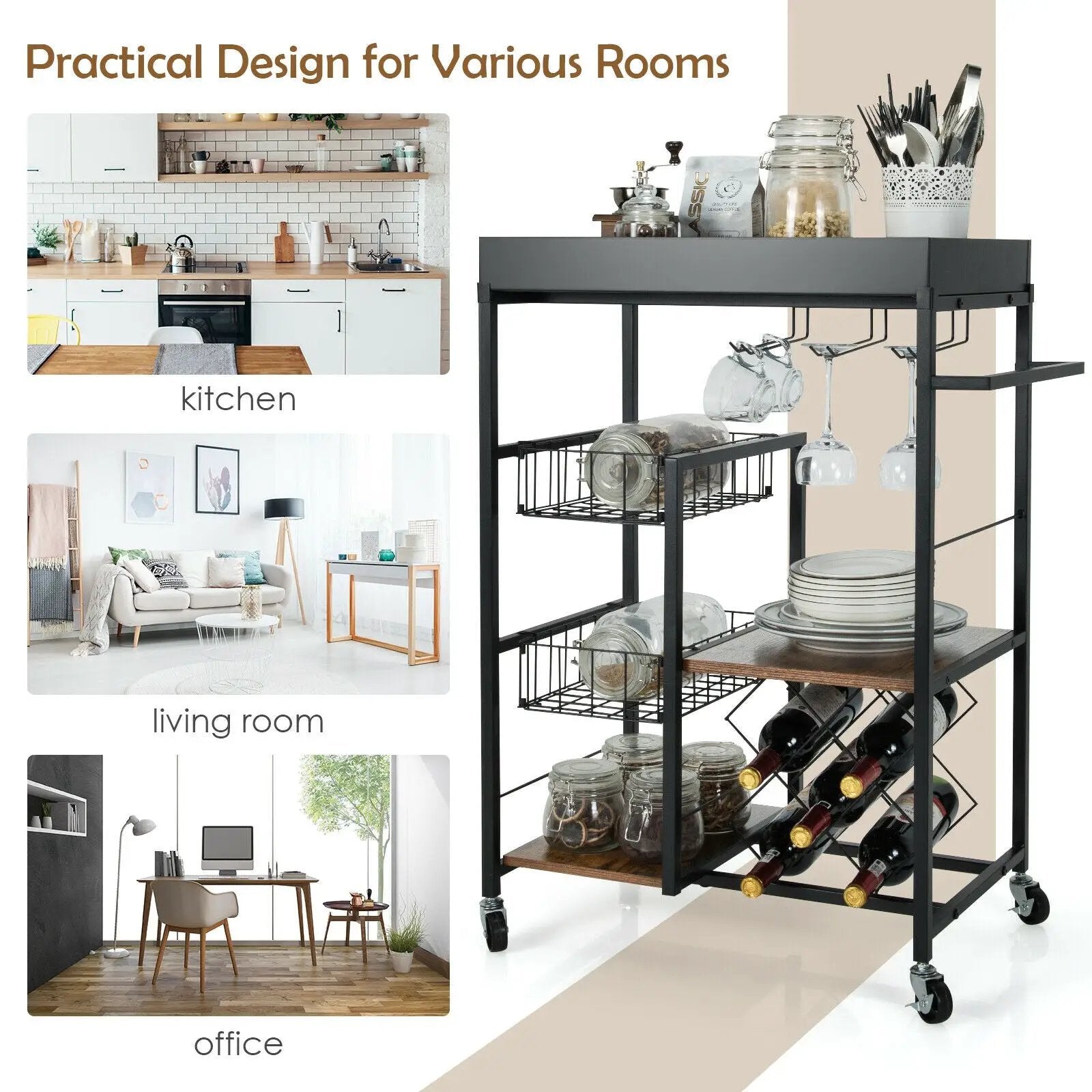 Kitchen Island Cart on Wheels with Removable Top and Wine Rack-Rustic Brown by DirectDeals