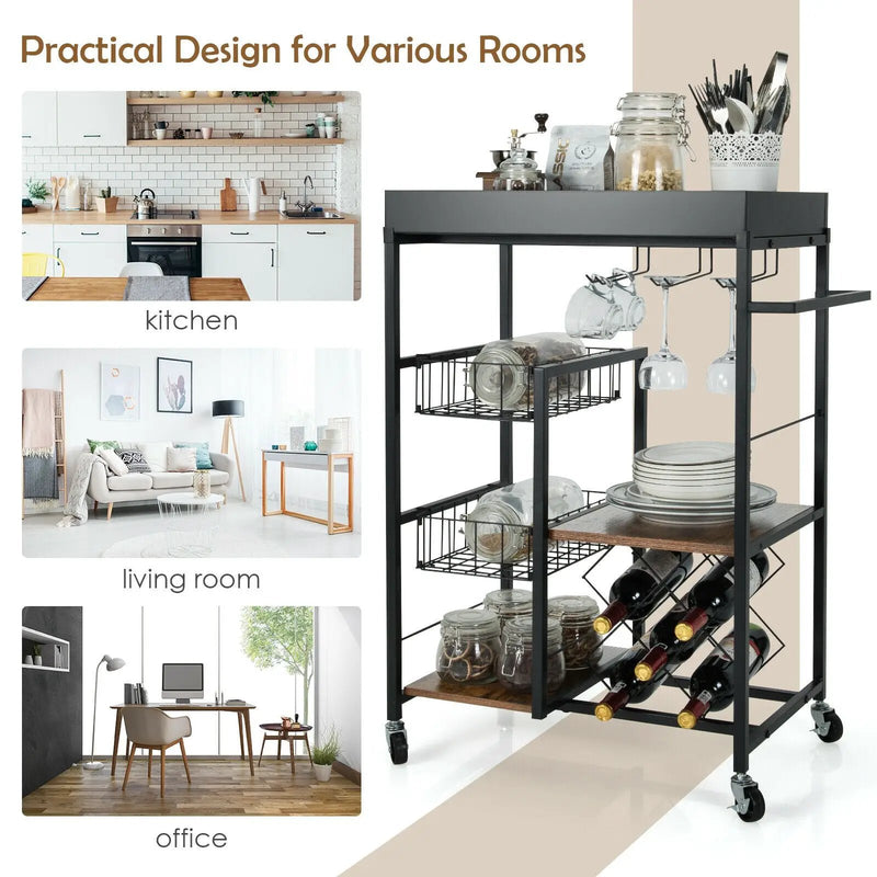 Kitchen Island Cart on Wheels with Removable Top and Wine Rack-Rustic Brown by DirectDeals