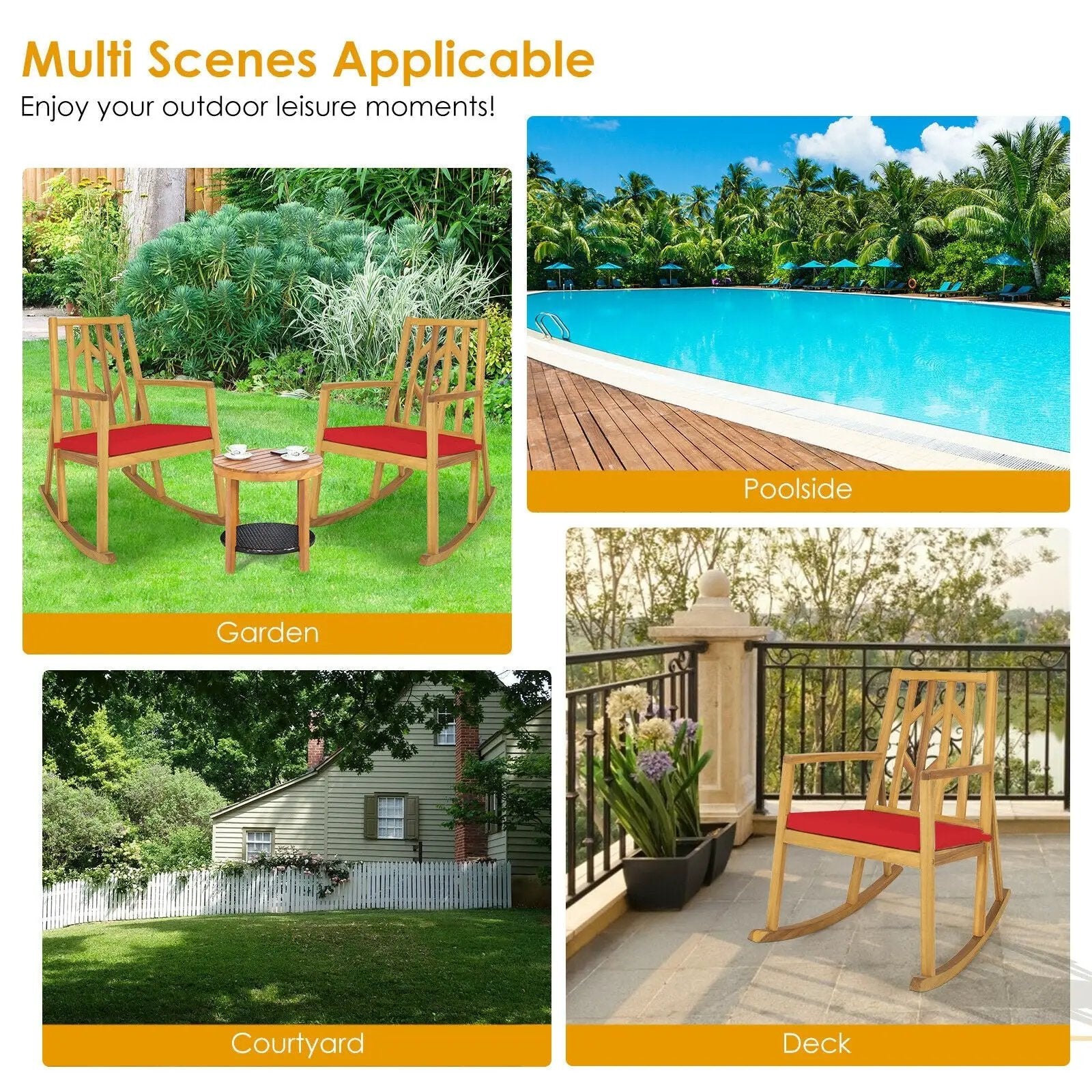 Patio Acacia Wood Rocking Chair Sofa with Armrest and Cushion for Garden and Deck by DirectDeals