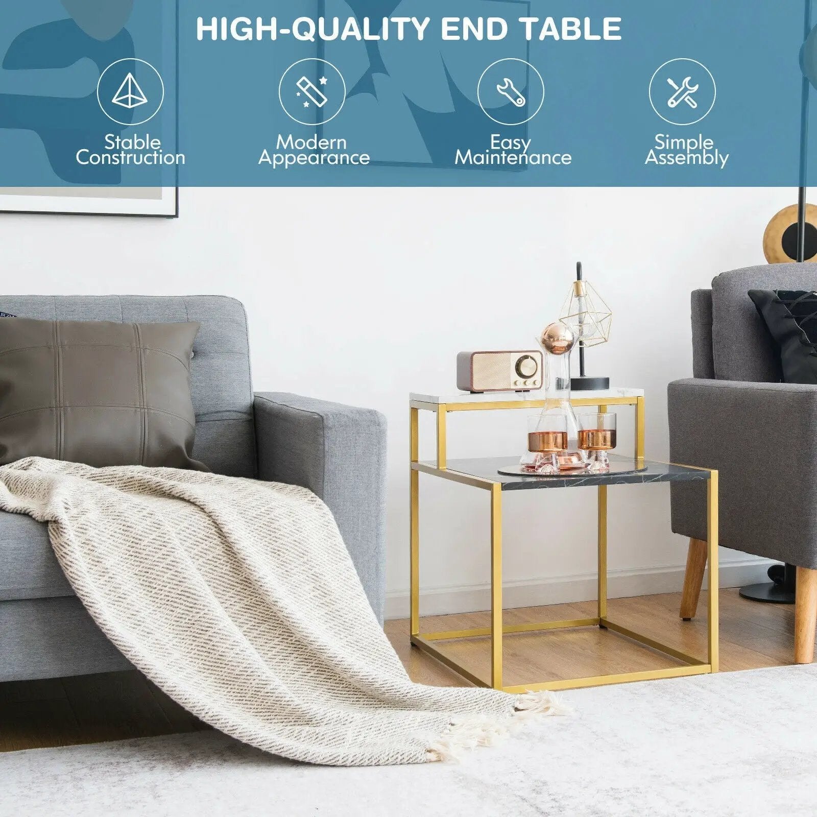 2 Tier End Side Table with Metal Frame and Storage Shelf for Living Room-White by DirectDeals