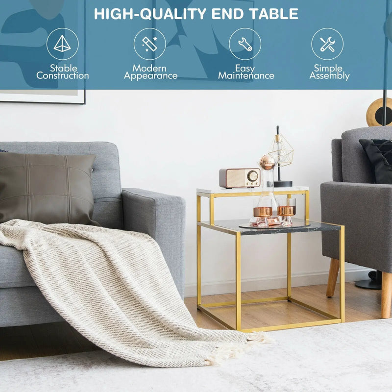 2 Tier End Side Table with Metal Frame and Storage Shelf for Living Room-White by DirectDeals