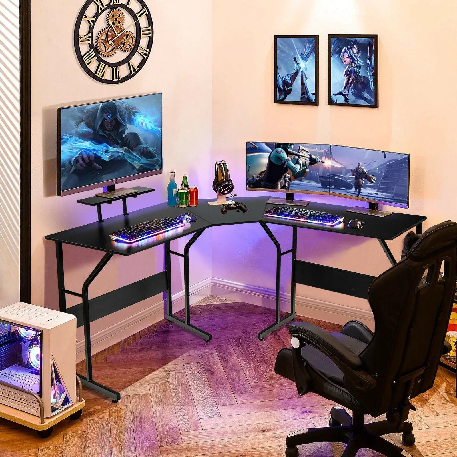88.5 Inch L Shaped Reversible Computer Desk Table with Monitor Stand by DirectDeals