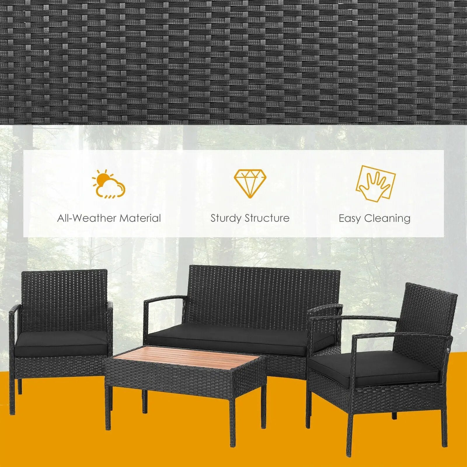 4 Pieces Patio Rattan Cushioned Furniture Set with Wooden Tabletop by DirectDeals