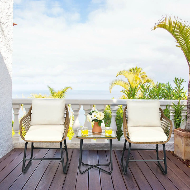 3-Piece Patio Bistro Set with 2 Rattan Chairs and Square Glass Coffee Table-White by DirectDeals