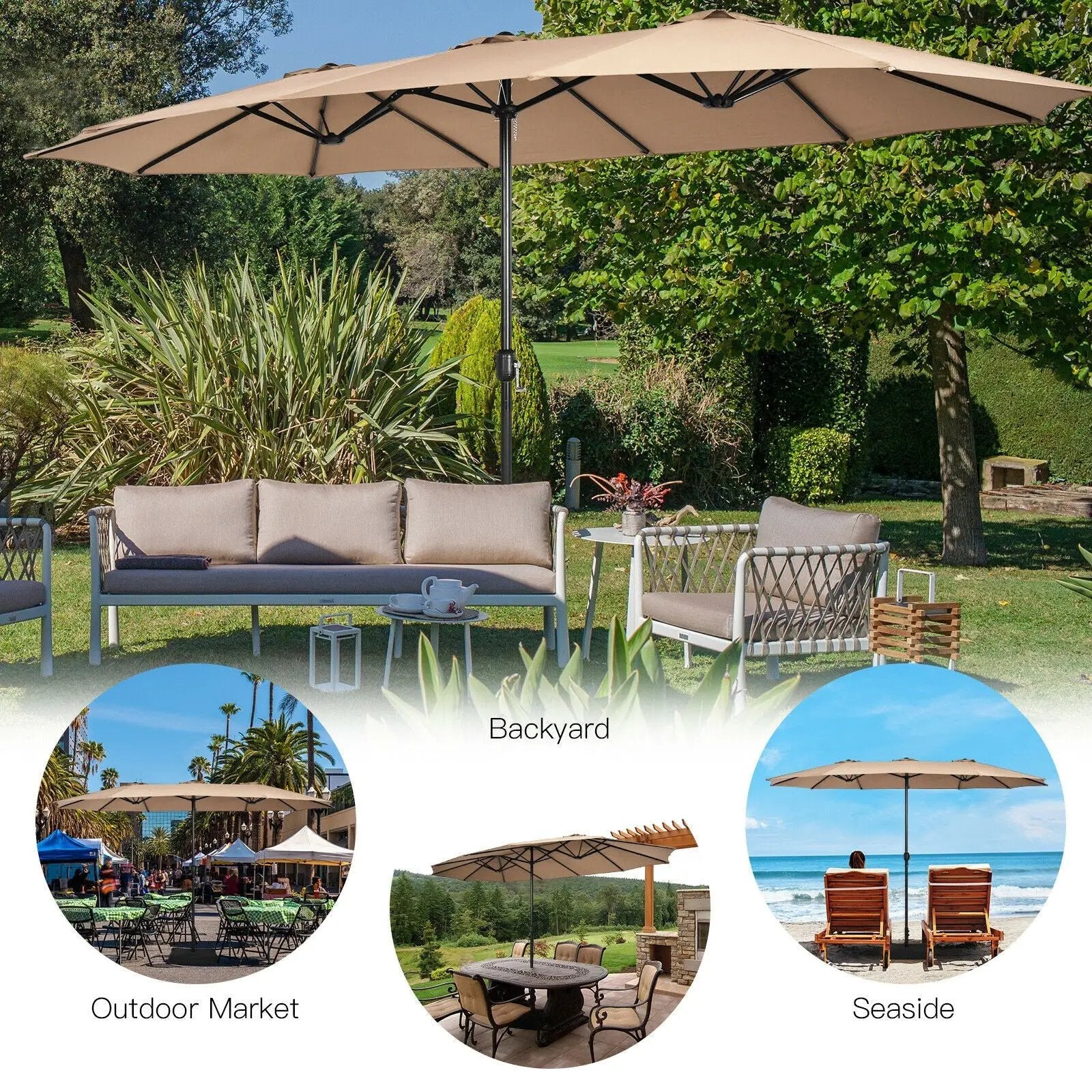15 Feet Double-Sided Twin Patio Umbrella with Crank and Base by DirectDeals