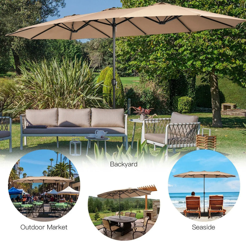 15 Feet Double-Sided Twin Patio Umbrella with Crank and Base by DirectDeals