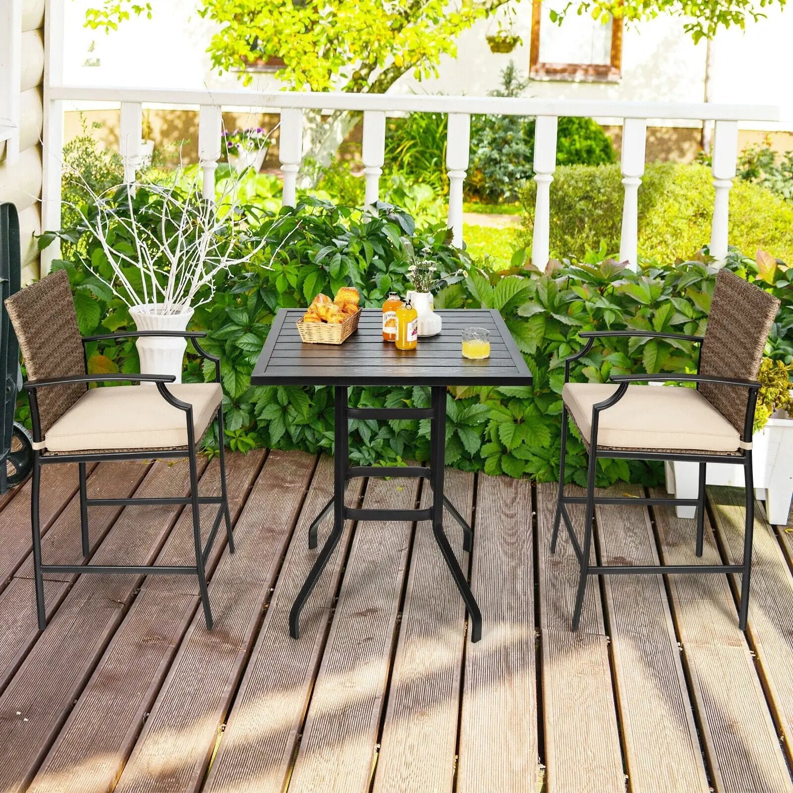 5 Pieces Outdoor Rattan Bistro Bar Stool Table Set with Cushions by DirectDeals