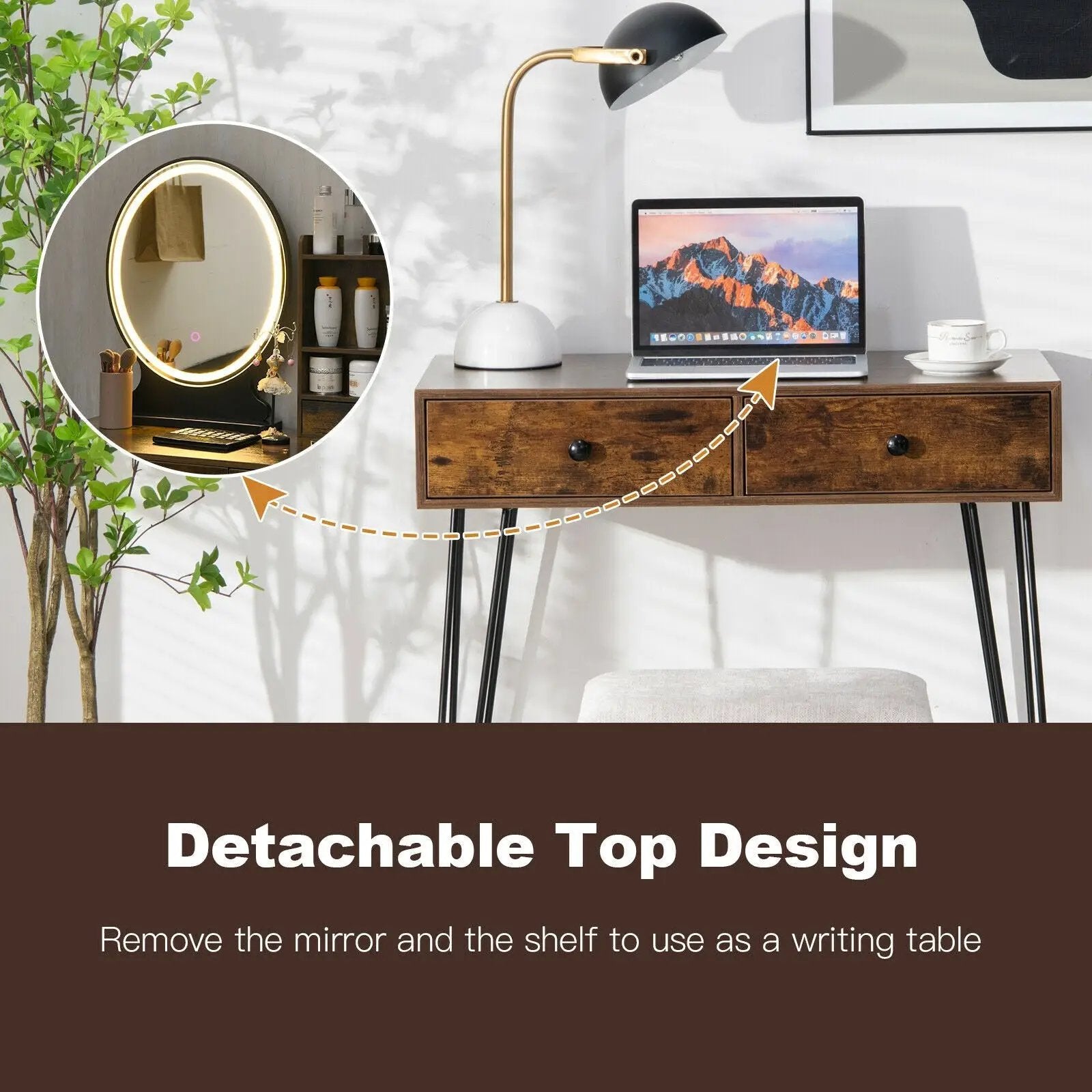 Vanity Table Set with Lighted Mirror and Cushion Stool-Brown by DirectDeals
