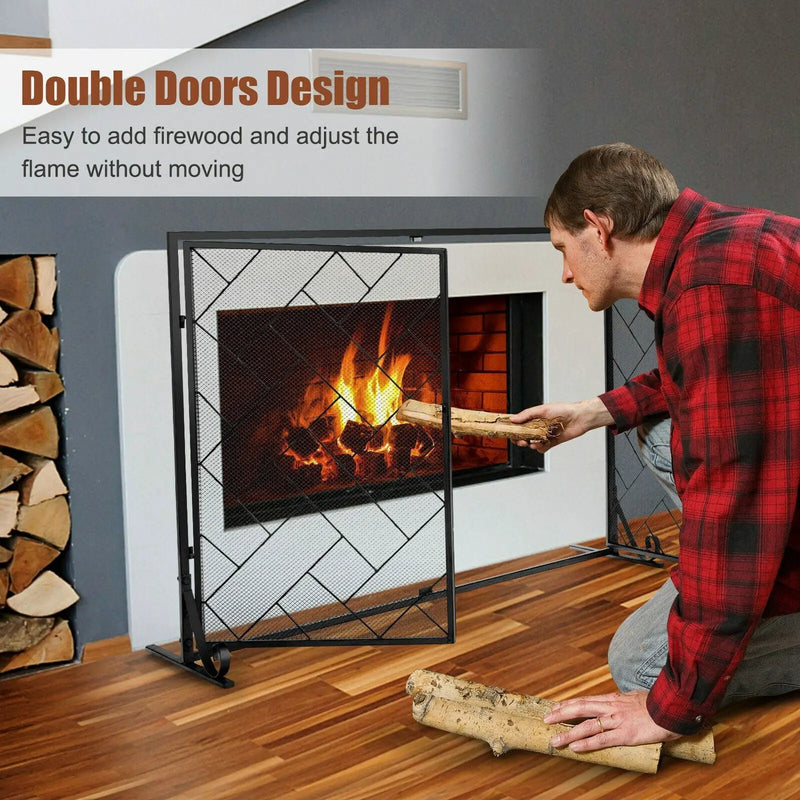2-Panel Fireplace Screen Folding Metal Fire Place Safety Fence with Magnetic Doors by DirectDeals