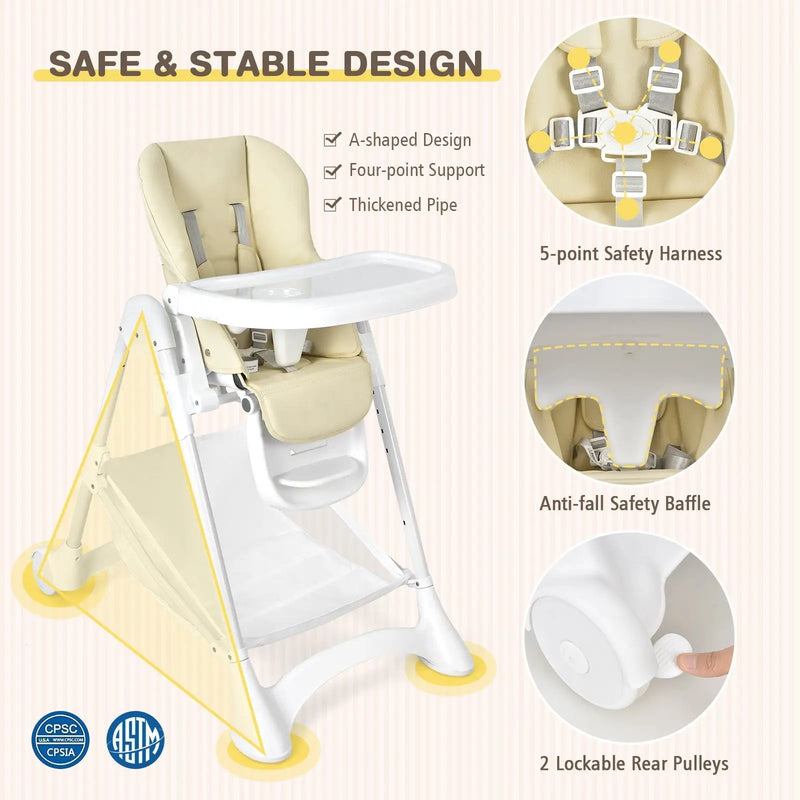 Baby Convertible Folding Adjustable High Chair with Wheel Tray Storage Basket by DirectDeals